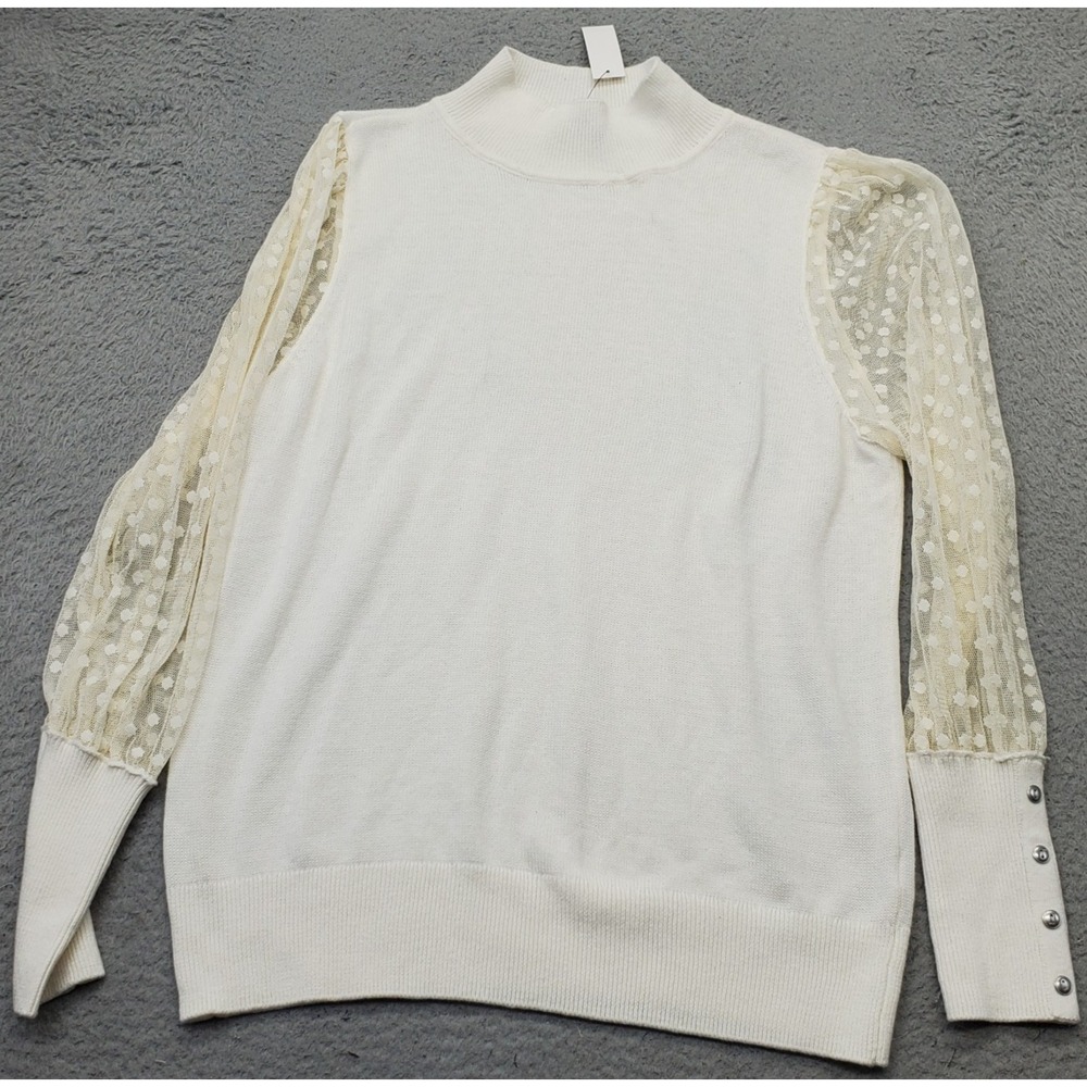 Talbots Sweater Womens Large Cream Tulle Dot Lace Sleeve Cuff Button Mock Neckā